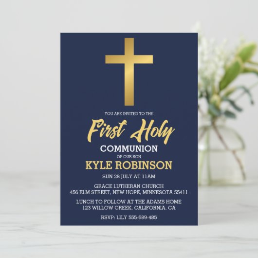 Blauwe eerste communie uitnodigingen (Staand voorkant)