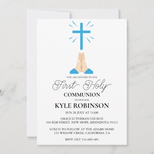 Blauwe eerste communie uitnodigingen (Voorkant)