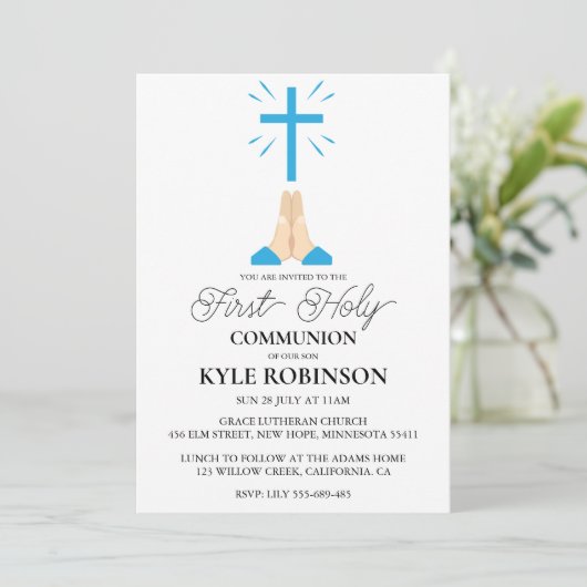 Blauwe eerste communie uitnodigingen (Staand voorkant)