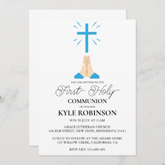 Blauwe eerste communie uitnodigingen (Voorkant / Achterkant)