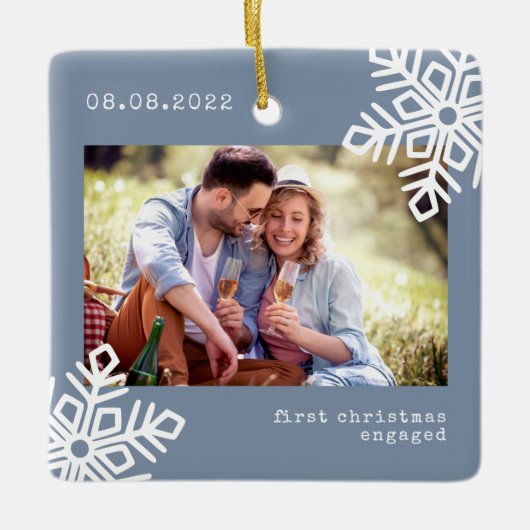 Blauwe Eerste Kerstmis Foto Snowflake Keramisch Ornament (Voorkant)