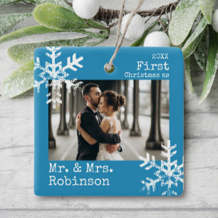 Blauwe Eerste Kerstmis Mr. & Mrs Custom Photo Keramisch Ornament