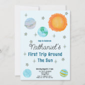 Blauwe eerste reis rond de zonnejongen 1e verjaard kaart (Voorkant)