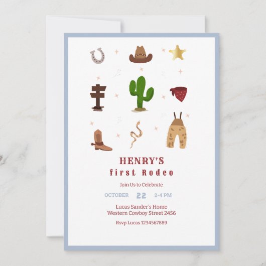 Blauwe eerste Rodeo Cowboy Kids verjaardagsuitnodi Kaart (Voorkant)