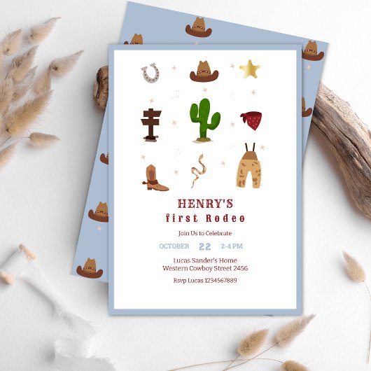 Blauwe eerste Rodeo Cowboy Kids verjaardagsuitnodi Kaart