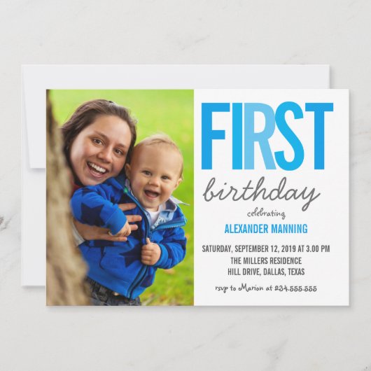 Blauwe eerste verjaardag typografie Polka Dots Fot Kaart (Voorkant)