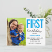 Blauwe eerste verjaardag typografie Polka Dots Fot Kaart (Staand voorkant)