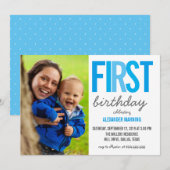 Blauwe eerste verjaardag typografie Polka Dots Fot Kaart (Voorkant / Achterkant)