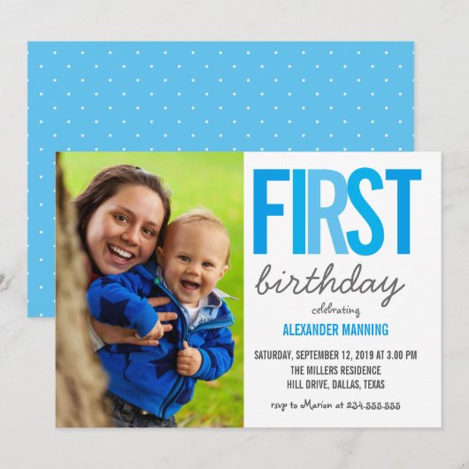 Blauwe eerste verjaardag typografie Polka Dots Fot Kaart (Voorkant / Achterkant)