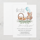 Blauwe eerste verjaardag van Teddy Bear Picnic Bal Kaart (Voorkant / Achterkant)