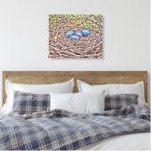 Blauwe eieren in nestbekapte doek canvas afdruk (Insitu (Slaapkamer))
