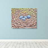 Blauwe eieren in nestbekapte doek canvas afdruk (Insitu (Houten vloer))