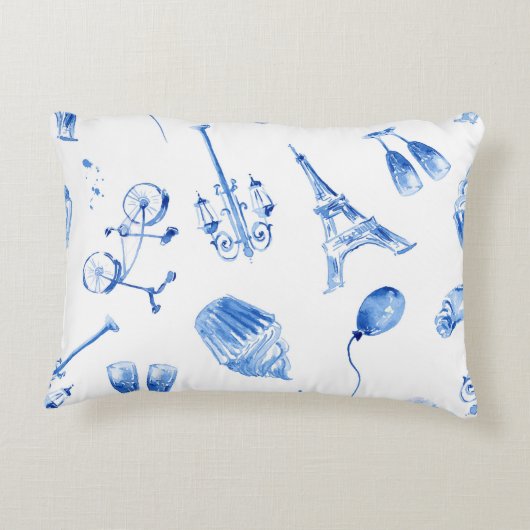 Blauwe Eiffeltoren Paris Waterverf Kunst Accent Kussen (Achterkant)