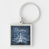Blauwe Eiffeltower Grunge Square Sleutelhanger (Voorkant)