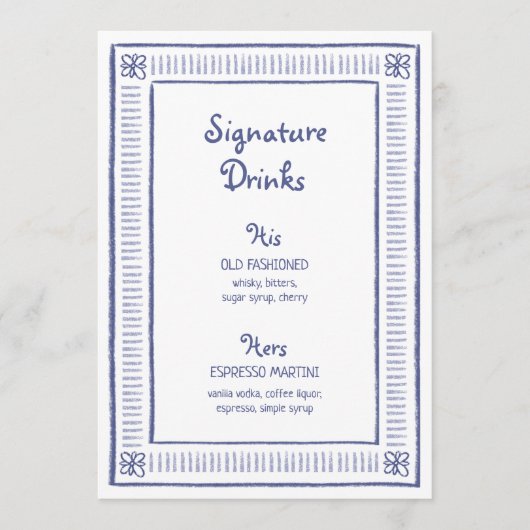 Blauwe eigenzinnige hand getekende bruiloft handte menu (Voorkant)