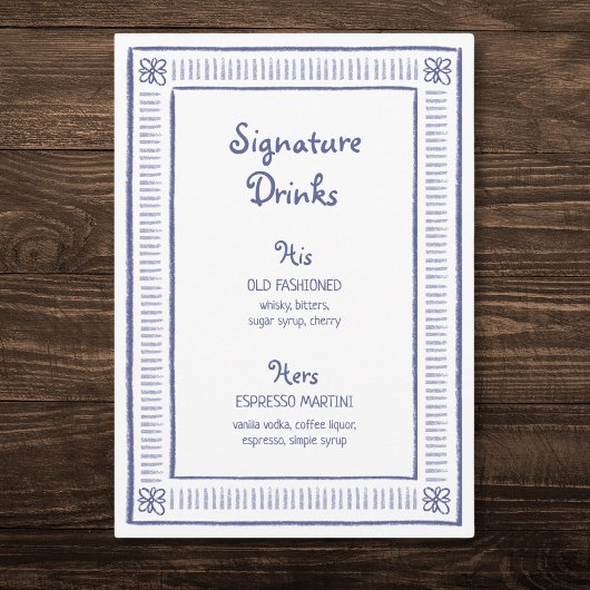 Blauwe eigenzinnige hand getekende bruiloft handte menu