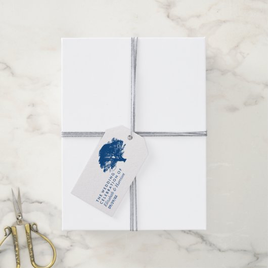 Blauwe eik boom, rustieke & minimalistische bruilo cadeaulabel (Met Touw)