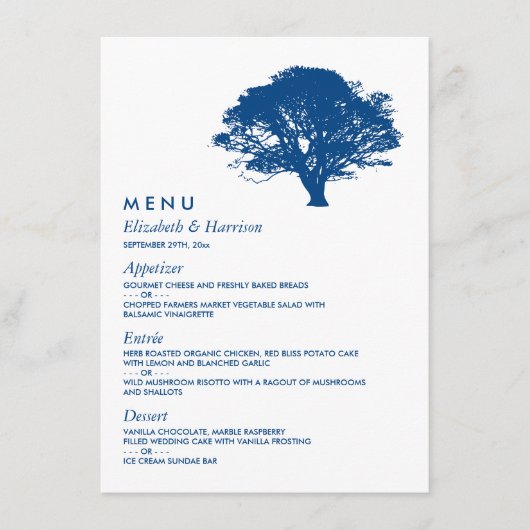 Blauwe eik boom, rustieke & minimalistische bruilo menu (Voorkant)