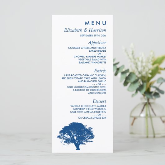 Blauwe eik boom, rustieke & minimalistische bruilo menu (Staand voorkant)