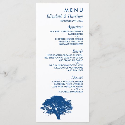 Blauwe eik boom, rustieke & minimalistische bruilo menu (Voorkant)