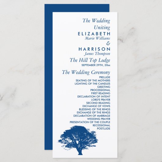 Blauwe eik boom, rustieke & minimalistische bruilo programmakaart (Voorkant / Achterkant)