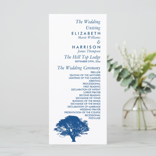 Blauwe eik boom, rustieke & minimalistische bruilo programmakaart (Staand voorkant)