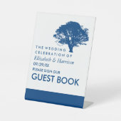 Blauwe eik boom, rustieke & minimalistische bruilo reclamebord met voetstuk (Voorkant)