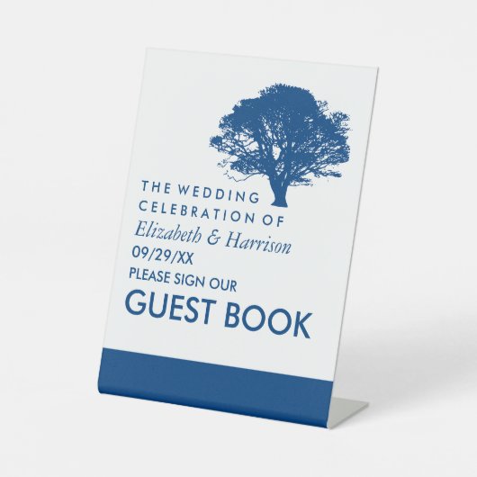 Blauwe eik boom, rustieke & minimalistische bruilo reclamebord met voetstuk (Voorkant)