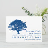 Blauwe eik boom, rustieke & minimalistische bruilo save the date (Staand voorkant)