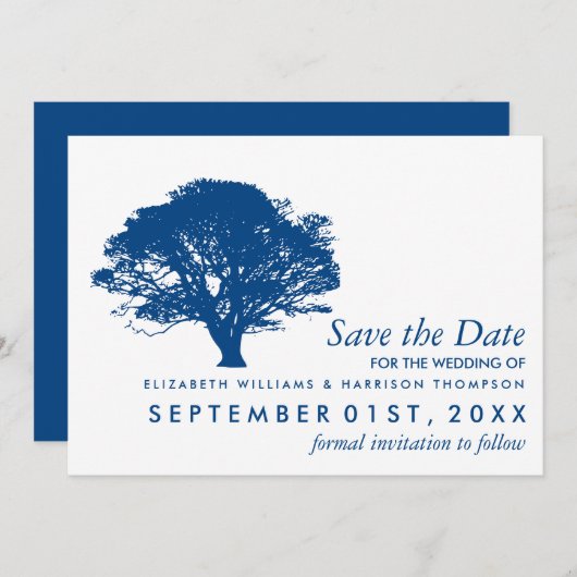 Blauwe eik boom, rustieke & minimalistische bruilo save the date (Voorkant / Achterkant)