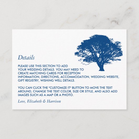 Blauwe eik boom, rustieke/minimalistische bruiloft informatiekaartje (Voorkant)