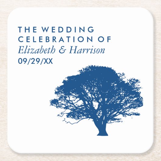 Blauwe Eikenboom, Rustieke & Minimalistische Trouw Kartonnen Onderzetters (Voorkant)
