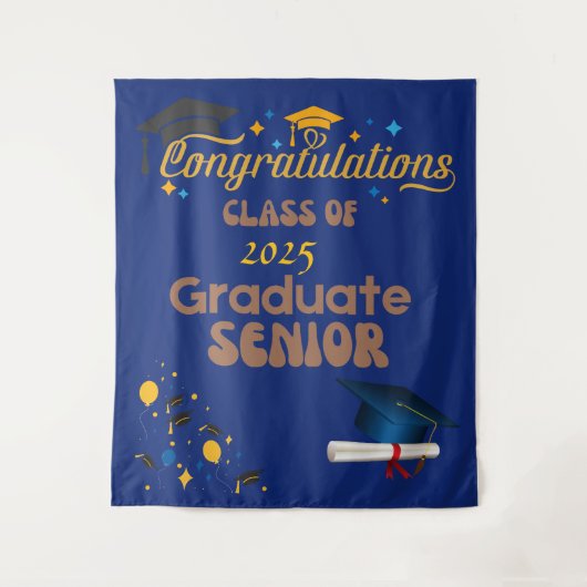 Blauwe eindexamenklas van 2025 afstuderen wandkleed (Voorkant)