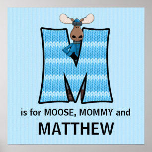 Blauwe Eland Monogram Letter M Babykamer Poster