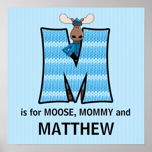 Blauwe Eland Monogram Letter M Babykamer Poster (Voorkant)