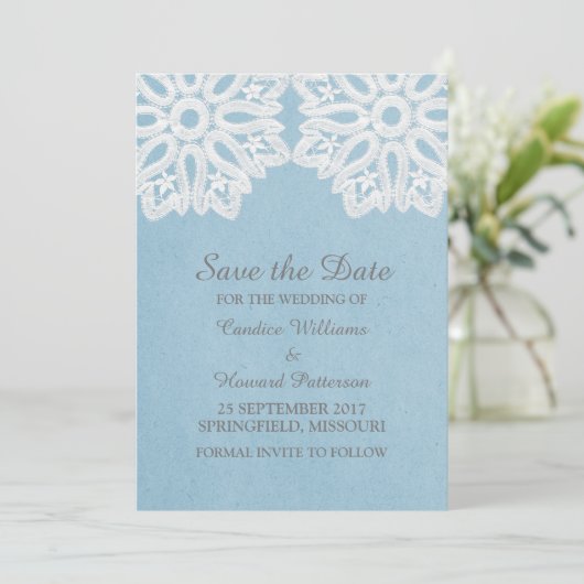 Blauwe elastische kant Opslaan Datum uitnodigen Save The Date (Staand voorkant)