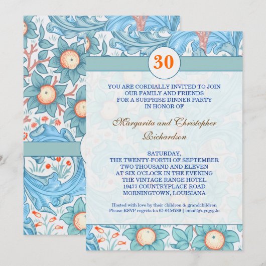 blauwe elegant uitnodigingen voor 30e trouwdag (Voorkant / Achterkant)