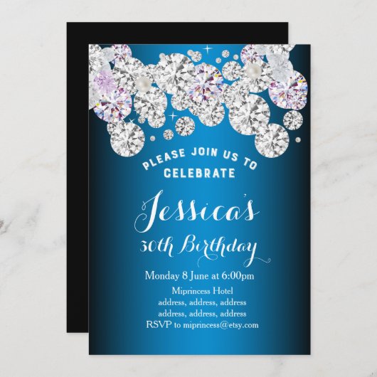 blauwe elegantdiamant , uitnodiging voor verjaarda (Voorkant / Achterkant)
