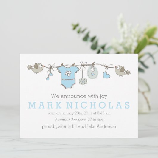 Blauwe, elegante babykleeraankondiging aankondiging (Staand voorkant)