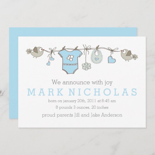 Blauwe, elegante babykleeraankondiging aankondiging (Voorkant / Achterkant)