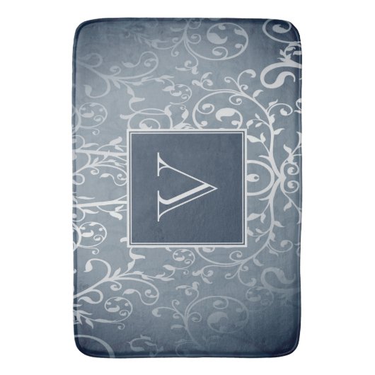 Blauwe Elegante Bloei Monogram Badmat (Voorkant Verticaal)