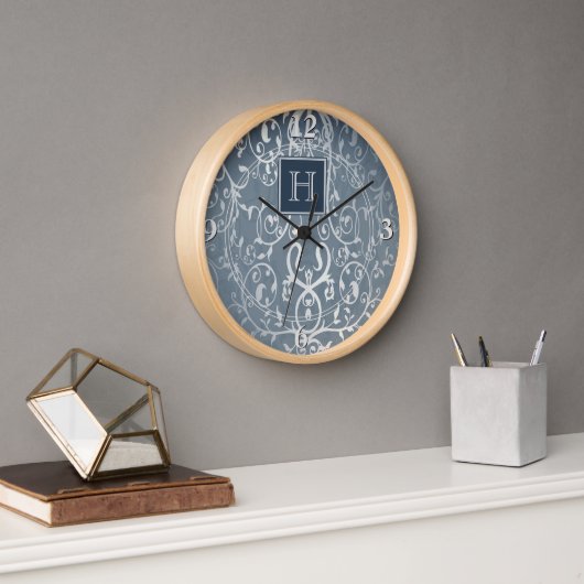 Blauwe Elegante Bloei Monogram Klok (Kantoor)
