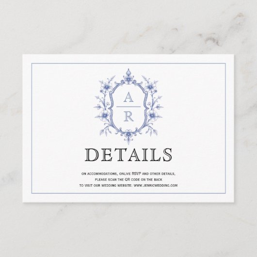 Blauwe elegante bloemenkam monogram bruiloft detai informatiekaartje (Voorkant)