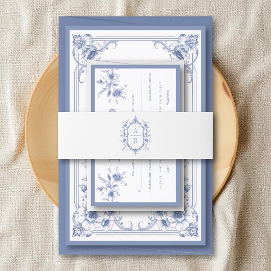 Blauwe elegante  bloemenkam monogram bruiloft uitnodigingen wikkel