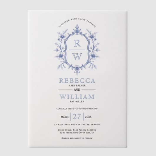 Blauwe elegante  bloemenkam monogram bruiloft vellum uitnodigingen (Voorkant)