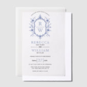 Blauwe elegante  bloemenkam monogram bruiloft vellum uitnodigingen (Offset)