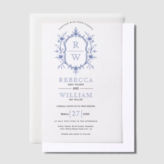 Blauwe elegante bloemenkam monogram bruiloft vellum uitnodigingen (Offset)