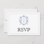 Blauwe elegante bloemenkam monogram QR code bruilo RSVP Kaartje (Voorkant)