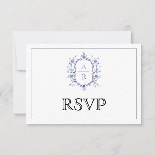 Blauwe elegante bloemenkam monogram QR code bruilo RSVP Kaartje (Voorkant)