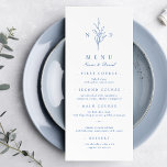 Blauwe, elegante botanische monogram bruiloft menu<br><div class="desc">Monogrammed-initialen en elegante hand geïllustreerde botanische bladeren,  menudetails in elegant script en klassiek lettertype,  eenvoudig en luxe. Geweldig faux blauw en wit menu voor een moderne klassieke bruiloft,  eenvoudige formele bruiloft,  elegante botanische tuinbruiloft. Bekijk alle overeenkomende stukken in het collectie.</div>